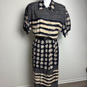 Vintage 90s Jessica Howard Maxi Dress Black Cream  Button Down Front Size 10